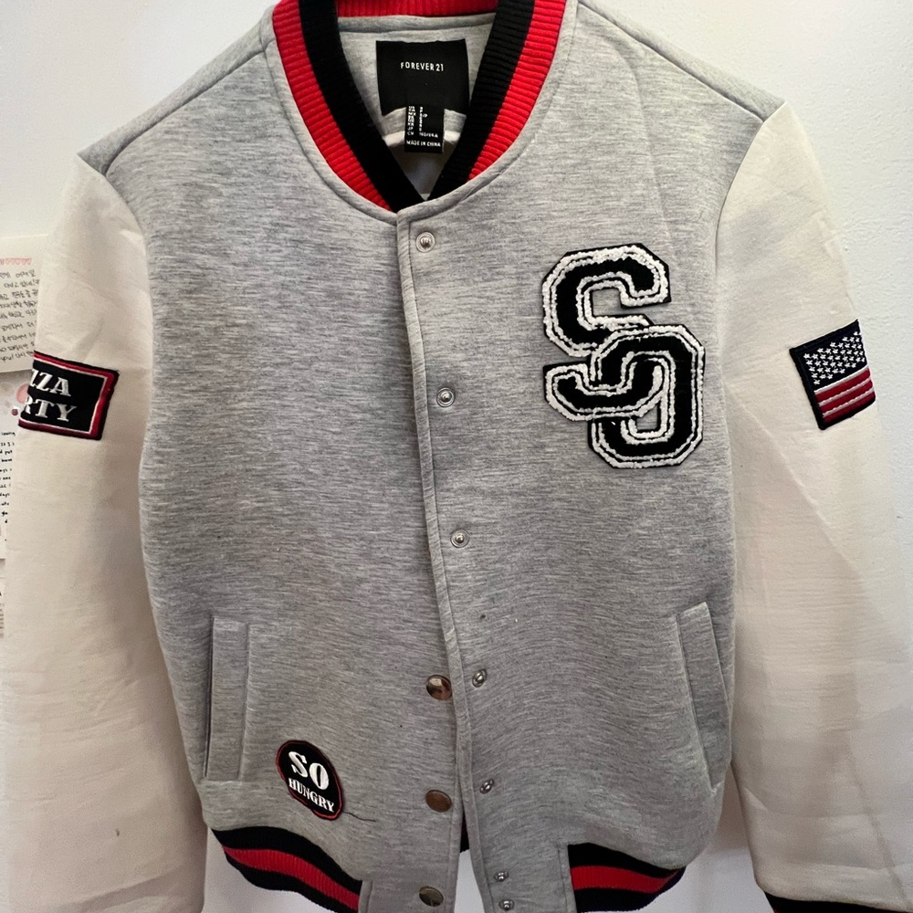 Forever 21 baseball jacket pizza party